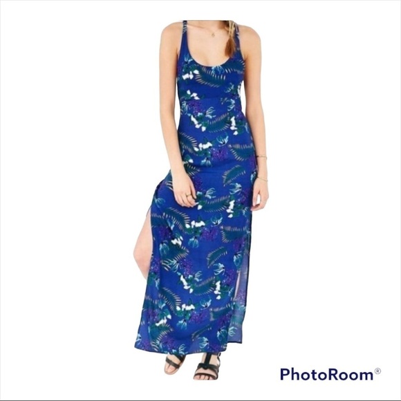 FOR LOVE & LEMONS Blue Tropical Print Racerback Open Back Maxi Dress XS - Picture 2 of 8